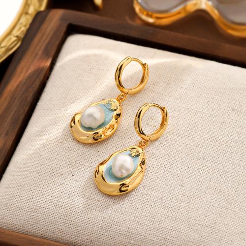 Freshwater Pearl Brass Earring, with Freshwater Pearl, gold color plated, for woman & enamel 