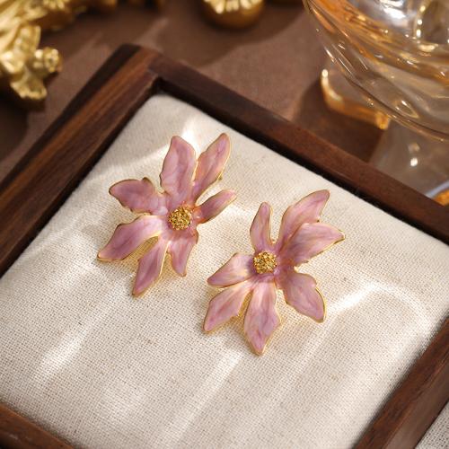 Brass Stud Earring, Flower, gold color plated, for woman & enamel, pink 