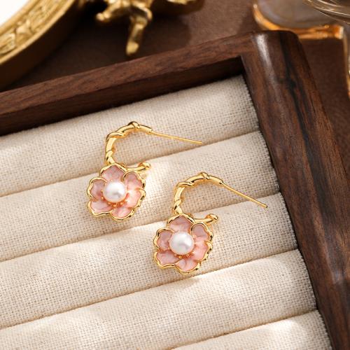 Freshwater Pearl Brass Earring, with Freshwater Pearl, Flower, gold color plated, for woman & enamel, pink 