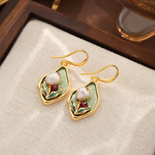 Freshwater Pearl Brass Earring, with Freshwater Pearl, gold color plated, for woman & enamel, green 