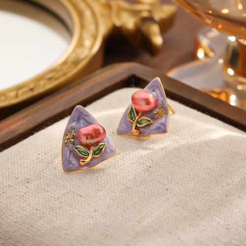 Süßwasser Perle Messing Ohrring, mit Natürliche kultivierte Süßwasserperlen, goldfarben plattiert, für Frau & Emaille, gemischte Farben, 15x17mm, verkauft von Paar