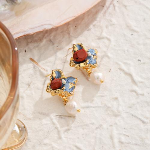 Süßwasser Perle Messing Ohrring, mit Natürliche kultivierte Süßwasserperlen, goldfarben plattiert, für Frau & Emaille, gemischte Farben, 21x36mm, verkauft von Paar