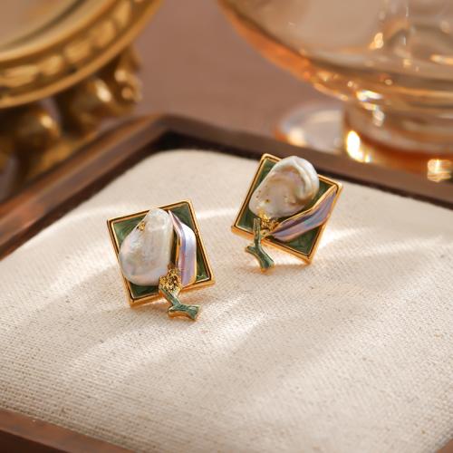 Freshwater Pearl Brass Earring, with Freshwater Pearl, gold color plated, for woman & enamel, mixed colors 