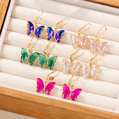 Brass Drop Earring, with Glass, Butterfly, plated, fashion jewelry 