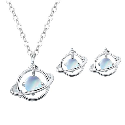 Cubic Zirconia Micro Pave Brass Jewelry Sets, with Moonstone, plated & micro pave cubic zirconia & for woman, platinum color 
