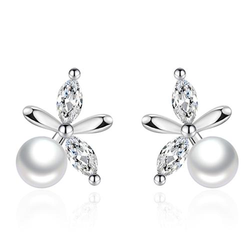 Cubic Zirconia Micro Pave Brass Earring, with Plastic Pearl, plated, micro pave cubic zirconia & for woman, platinum color 