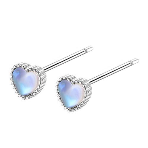 Brass Stud Earring, with Moonstone, Heart, plated, for woman, platinum color 