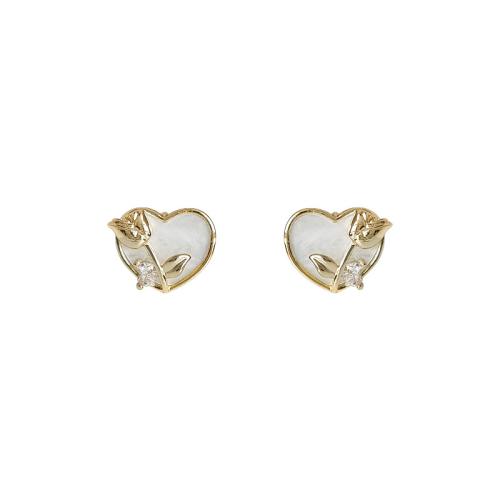 Acrylic Stud Earring, Brass, with Acrylic, Heart, fashion jewelry & micro pave cubic zirconia & for woman, white 