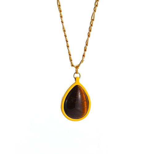 Titanium Steel Jewelry Necklace, with Tiger Eye, Double Layer & fashion jewelry & for woman, golden Approx 45 cm 