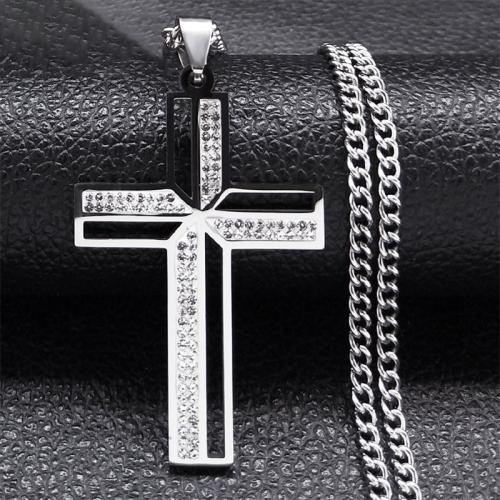 Stainless Steel Jewelry Necklace, 304 Stainless Steel, Cross, fashion jewelry & for man & with rhinestone, silver color Approx 60 cm 