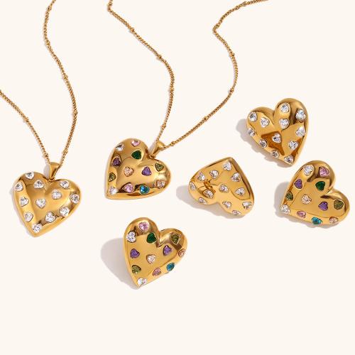 Cubic Zirconia Stainless Steel Jewelry Sets, 304 Stainless Steel, Heart, 18K gold plated, fashion jewelry & micro pave cubic zirconia & for woman, golden 