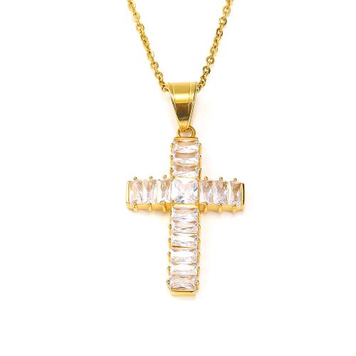 Cubic Zirconia Stainless Steel Necklace, 304 Stainless Steel, Cross, Vacuum Ion Plating, fashion jewelry & Unisex & micro pave cubic zirconia Approx 45 cm 