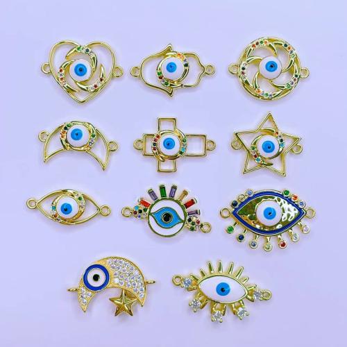 Cubic Zirconia Micro Pave Brass Connector, gold color plated, evil eye pattern & micro pave cubic zirconia & enamel & 1/1 loop 