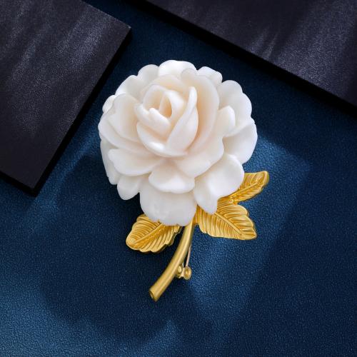 Glass Pearl Brooch, Brass, with Glass, Rose, gold color plated, for woman, white 