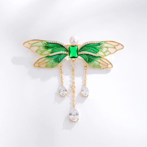 Cubic Zirconia Brooch, Brass, with Cubic Zirconia, Dragonfly, gold color plated, for woman, green 