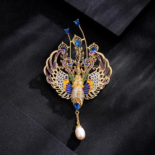 Enamel Brooch, Brass, with Cubic Zirconia, Phoenix, gold color plated, for woman, mixed colors 
