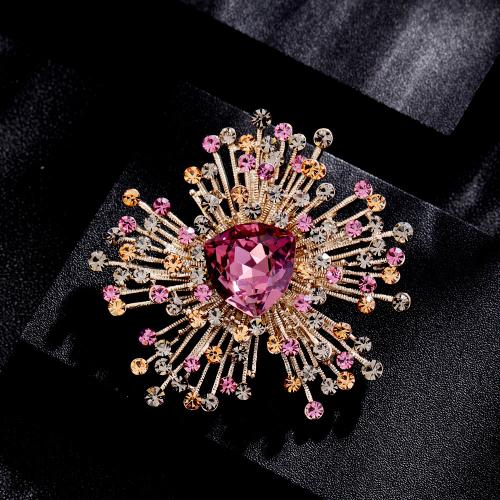 Cubic Zirconia Brooch, Zinc Alloy, with Cubic Zirconia, Flower, gold color plated, for woman, purple 