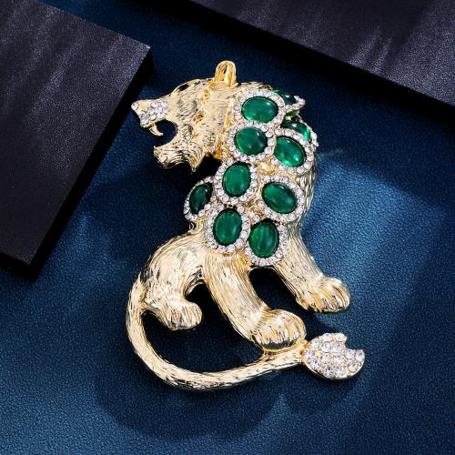 Rhinestone Brass Brooch, with Glass, Lion, gold color plated, for woman & with rhinestone, green 