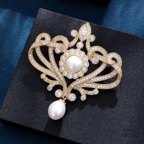 Freshwater Pearl Brooch, Brass, with Freshwater Pearl, gold color plated, micro pave cubic zirconia & for woman 