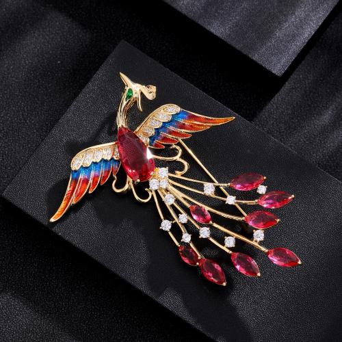 Cubic Zirconia Brooch, Brass, Phoenix, gold color plated, micro pave cubic zirconia & for woman, mixed colors 