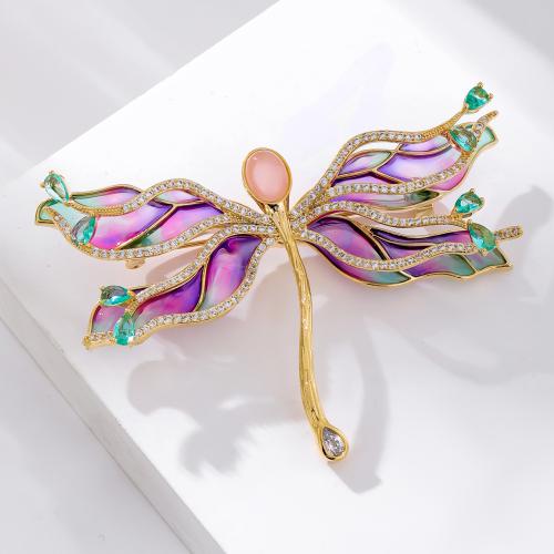 Cubic Zirconia Brooch, Brass, with Glass, Dragonfly, gold color plated, micro pave cubic zirconia & for woman, mixed colors 