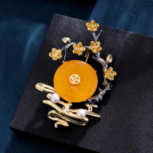 Resin Brooch, Brass, with Resin, gold color plated, for woman & enamel, orange 
