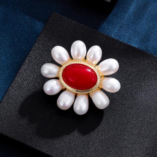 Freshwater Pearl Brooch, Brass, with Freshwater Pearl & Resin, Flower, gold color plated, for woman & enamel, red 