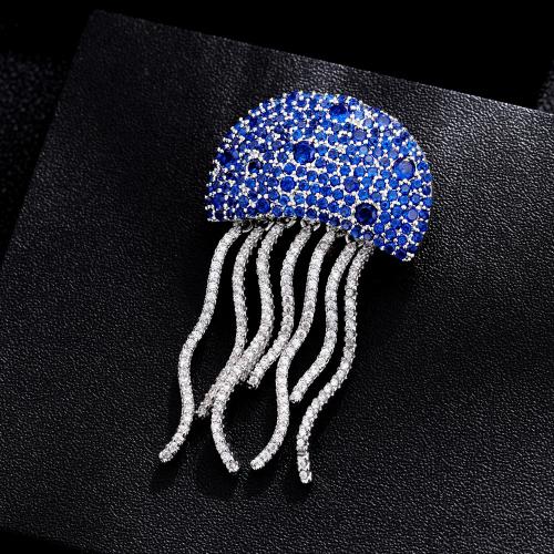 Cubic Zirconia Brooch, Zinc Alloy, with Cubic Zirconia, silver color plated, for woman, blue 