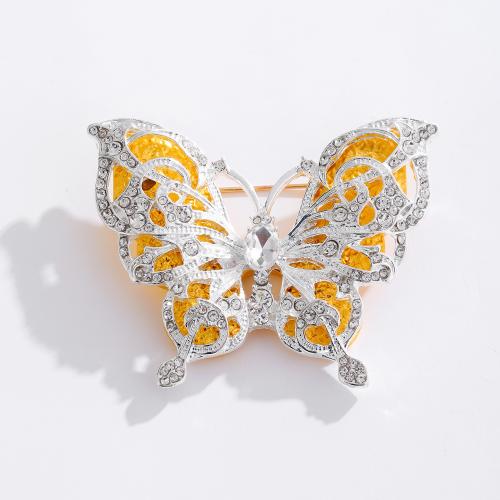 Cubic Zirconia Brooch, Brass, with Cubic Zirconia, Butterfly, silver color plated, Double Layer & for woman & enamel, yellow 
