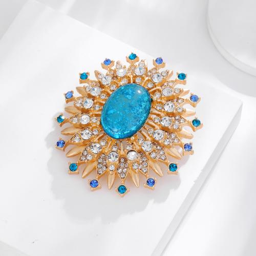 Cubic Zirconia Brooch, Brass, with Cubic Zirconia & Glass, gold color plated, Double Layer & for woman, blue 