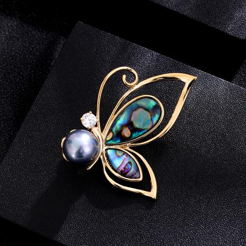 Freshwater Pearl Brooch, Zinc Alloy, with Cubic Zirconia & Abalone Shell & Freshwater Pearl, Butterfly, gold color plated, for woman 