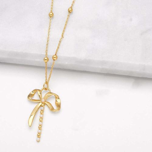 Brass Jewelry Necklace, with Plastic Pearl, with 5cm extender chain, Bowknot, gold color plated, fashion jewelry, gold cm 