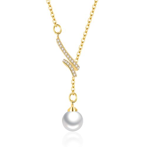 Cubic Zircon Micro Pave Brass Necklace, with Plastic Pearl, with 5CM extender chain, plated, micro pave cubic zirconia & for woman, golden Approx 40 cm 