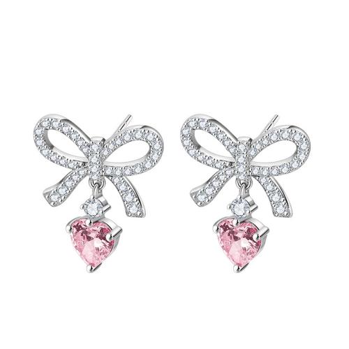 Cubic Zirconia Micro Pave Brass Earring, Bowknot, plated, micro pave cubic zirconia & for woman, platinum color 