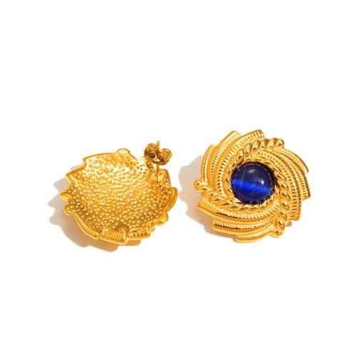 Stainless Steel Stud Earring, 304 Stainless Steel, with Sapphire, plated, for woman, golden 