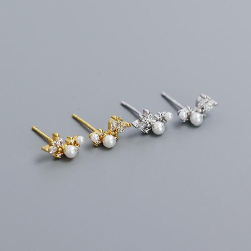 Silver Earring Zircon pavent Sterling, argent sterling 925, avec perle de plastique, pavé de micro zircon & pour femme, plus de couleurs à choisir, Vendu par paire