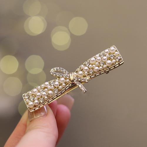 Alligator Hair Clip, Zinc Alloy, with Plastic Pearl, Bowknot, for woman & with rhinestone, golden 