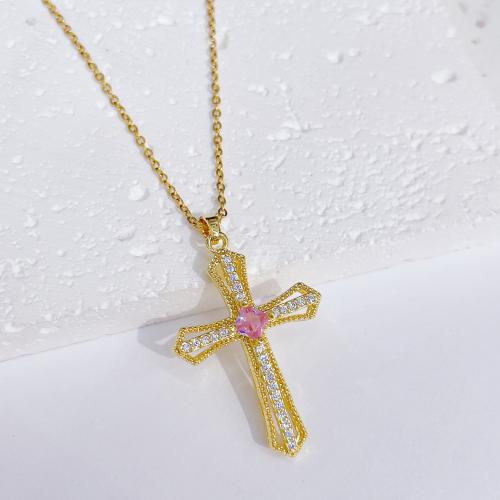 Cubic Zircon Micro Pave Brass Necklace, Cross, fashion jewelry & micro pave cubic zirconia & for woman Approx 45 cm 