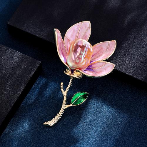 Enamel Brooch, Zinc Alloy, with Plastic Pearl, Flower, gold color plated, for woman, pink 