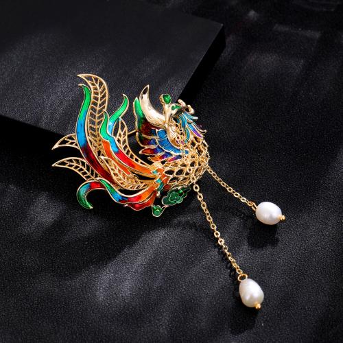 Enamel Brooch, Brass, with Plastic Pearl, Phoenix, gold color plated, for woman, mixed colors 
