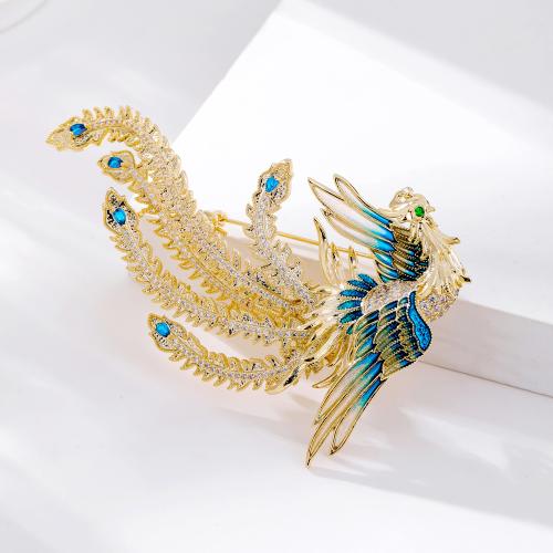 Cubic Zirconia Brooch, Brass, with Cubic Zirconia, Phoenix, gold color plated, for woman & enamel 