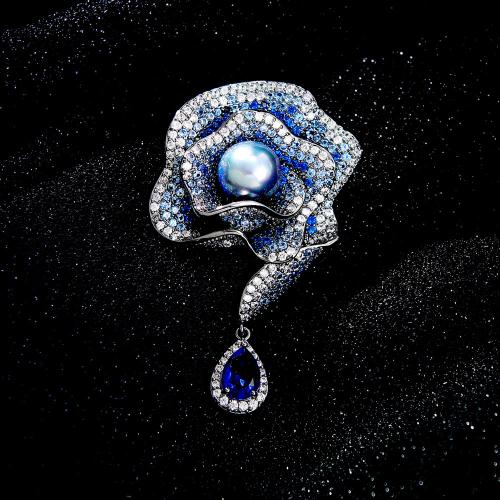 Freshwater Pearl Brooch, Brass, with Cubic Zirconia & Freshwater Pearl, Flower, silver color plated, for woman, blue 