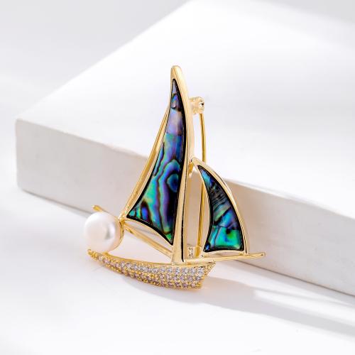 Shell Brooch, Brass, with Cubic Zirconia & Abalone Shell & Freshwater Pearl, Sail Boat, gold color plated, for woman 