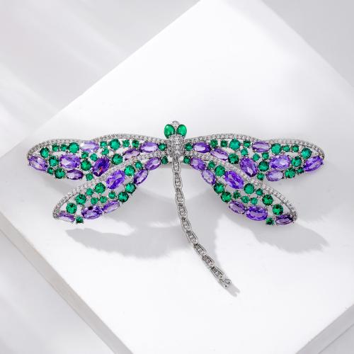 Cubic Zirconia Brooch, Brass, with Cubic Zirconia, Dragonfly, silver color plated, for woman, purple 