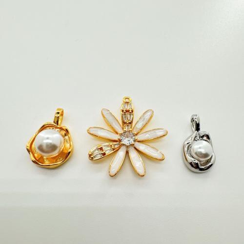 Cubic Zirconia Brass Pendants, with Cubic Zirconia & Plastic Pearl, plated, DIY [