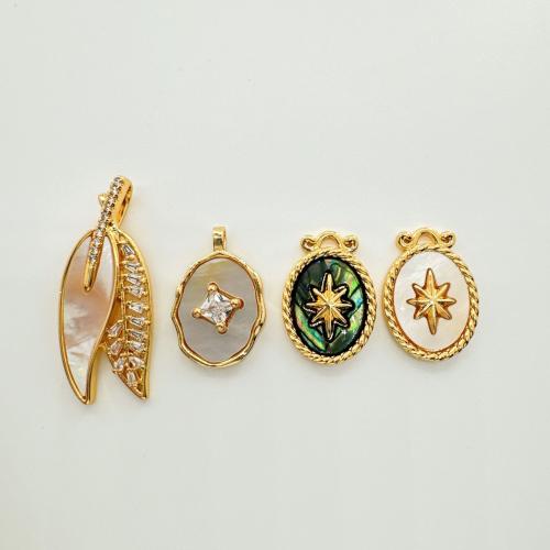 Brass Shell Pendants, gold color plated, DIY & micro pave cubic zirconia 