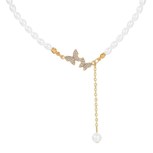Collier de perles en plastique, alliage de zinc, avec perle de plastique, Placage, bijoux de mode & pour femme & avec strass, blanc Environ 21-50 cm, Vendu par PC