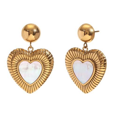 Stainless Steel Drop Earring, 304 Stainless Steel, with Shell, Heart, 18K gold plated, fashion jewelry & for woman, golden 