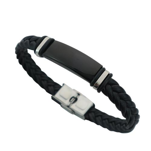 PU Leather Cord Bracelets, Titanium Steel, with PU Leather, fashion jewelry & for man, black Approx 22 cm [