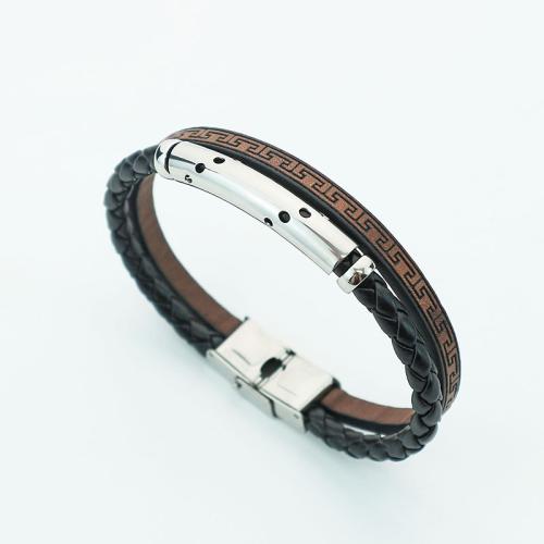 bracelet de cordon en PU , Acier inoxydable 304, avec cuir PU, bijoux de mode & pour homme, plus de couleurs à choisir Environ 21.5 cm, Vendu par PC[